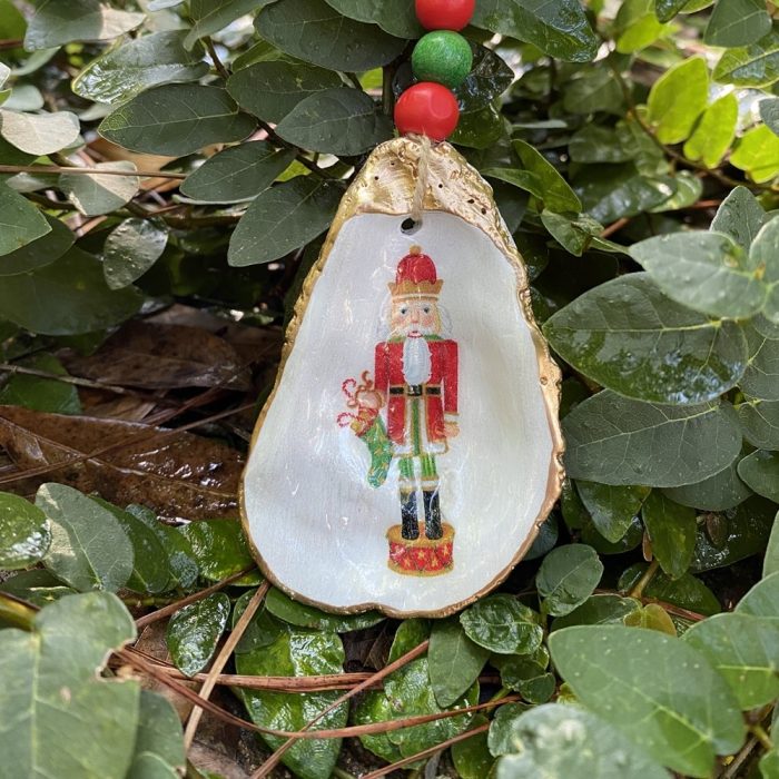 Red Nutcracker with Stocking Oyster Christmas Ornament